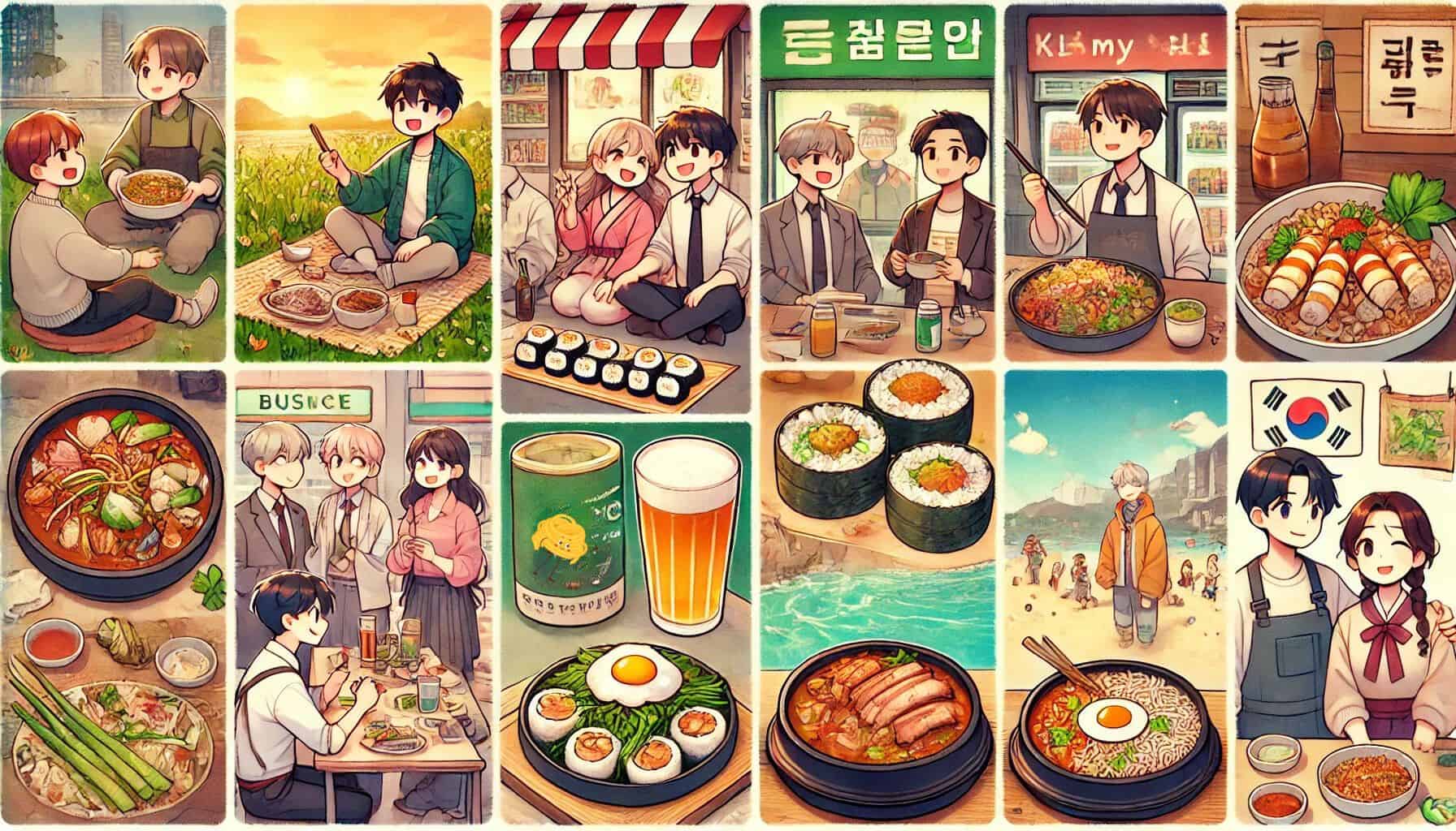 an animated image of south Korean cuisine in different scenarios.