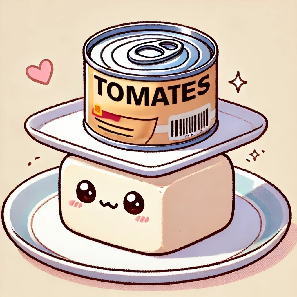 Animated photo of a tofu block being pressed between two plate with a food can place on top of the top plate.