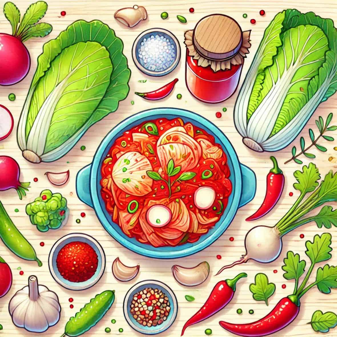 a cute anime style image top view of a bowl of kimchi surrounded by its ingredients.