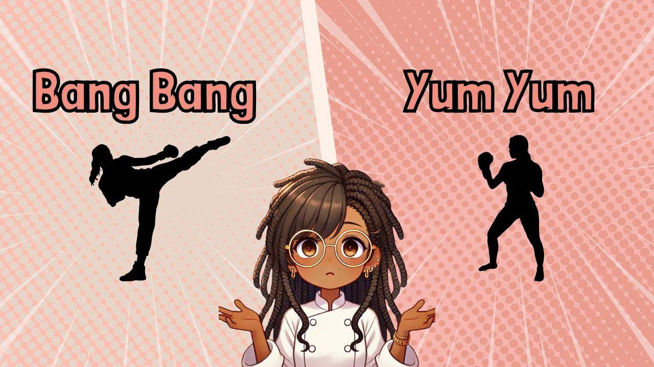 animated chef maika shrugging her shoulder in confusion between a split screen with one side labeled bang bang and the other saying yum yum.
