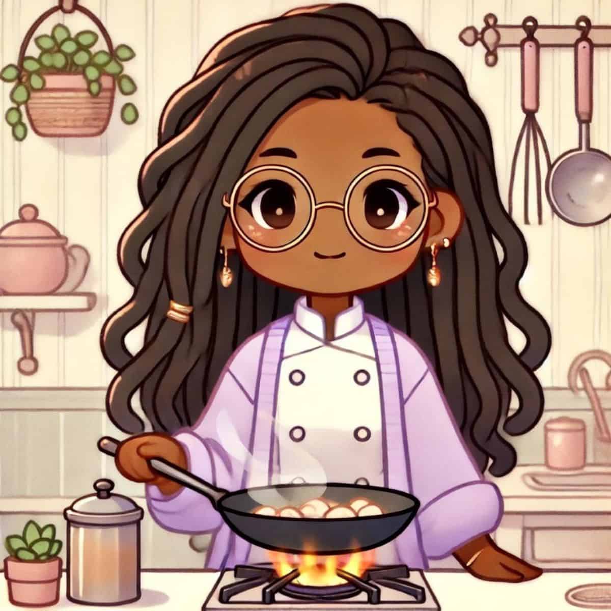 animated chef maika cooking a in wok.