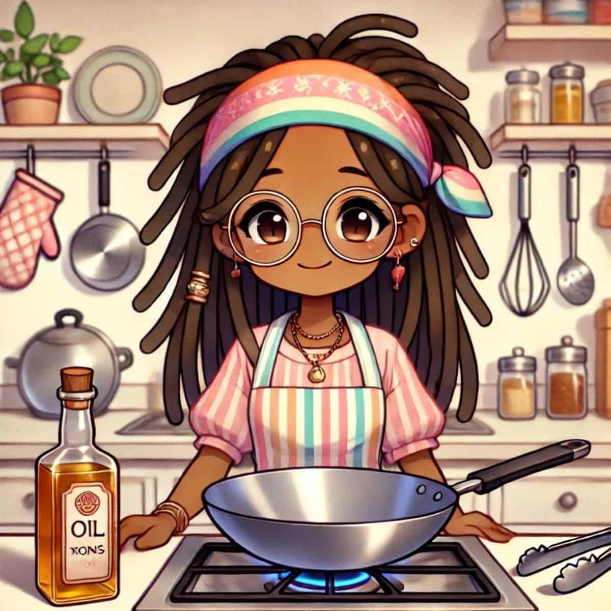 animated chef maika in front of a wok on the stove surrounded by materials needed to season the wok.