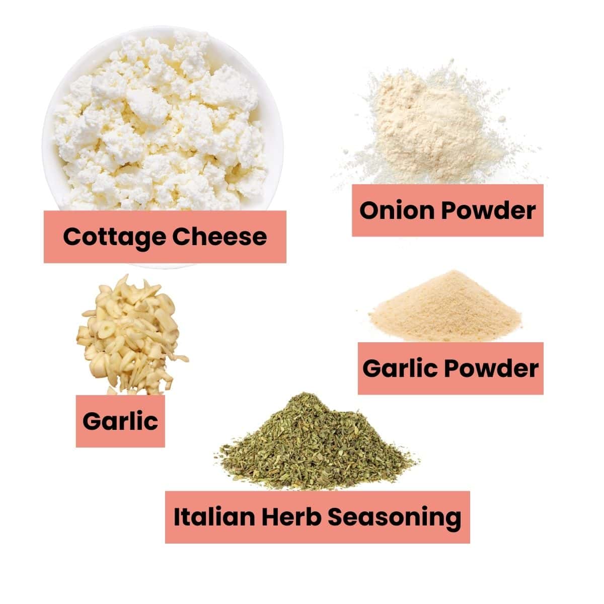 Ingredients for whipped cottage cheese: garlic, onion powder, Italian seasoning, and fresh garlic.