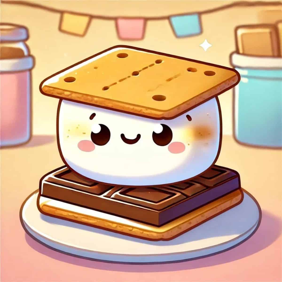 animated image of a s'mores sandwich consisting of two graham crackers with chocolate and marshmallow in between.