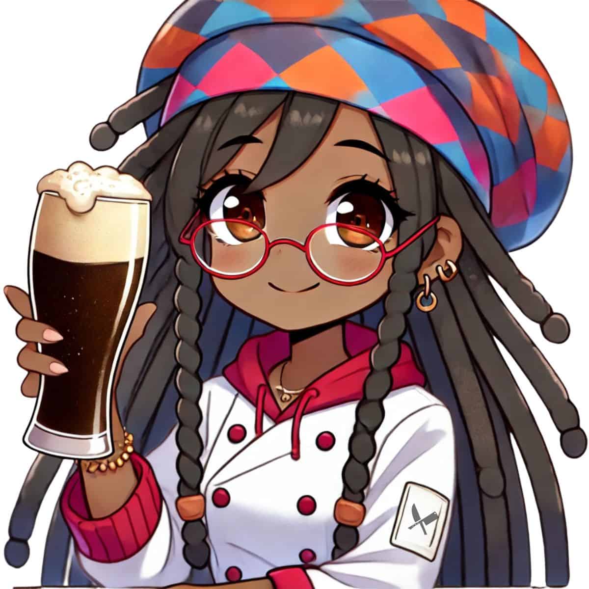 animated chef maika with a stout beer glass in her hand in her chef attire.