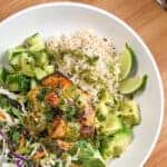 top view of the Air Fryer Spicy Cilantro Lime Salmon Salad Rice Bowl dish