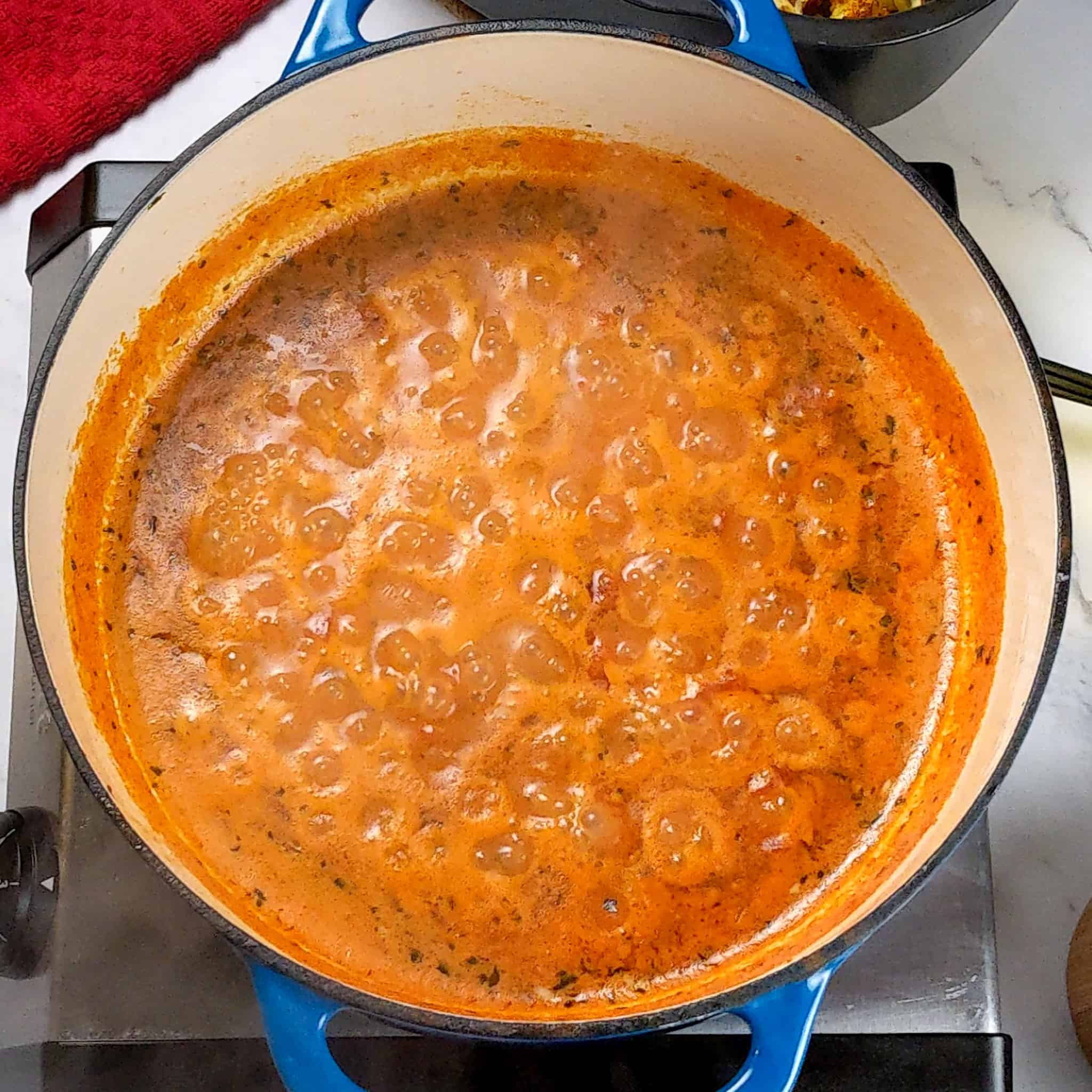 Bubbling and simmering curry sauce for the Air Fryer Roasted Chicken Chickpeas Vegetable Curry recipe.