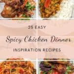 25 easy spicy chicken dinner inspiration recipes e-cookbook cover page displaying four dishes, which are the Caribbean air fryer chicken recipe, air fryer chicken, chickpeas and vegetable curry recipe, spicy Italian chicken sausage Bolognese and air fryer lime chicken recipe.