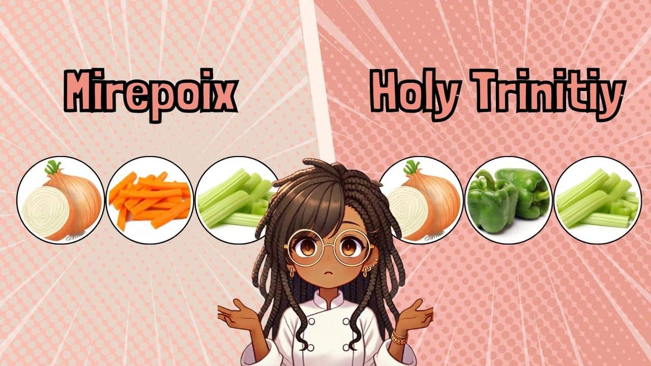 comparison photo of mirepoix (showing onion, carrots and celery) and Holy Trinity (showing onion, green bell pepper and celery). With animated chef maika in the middle shrugging why?