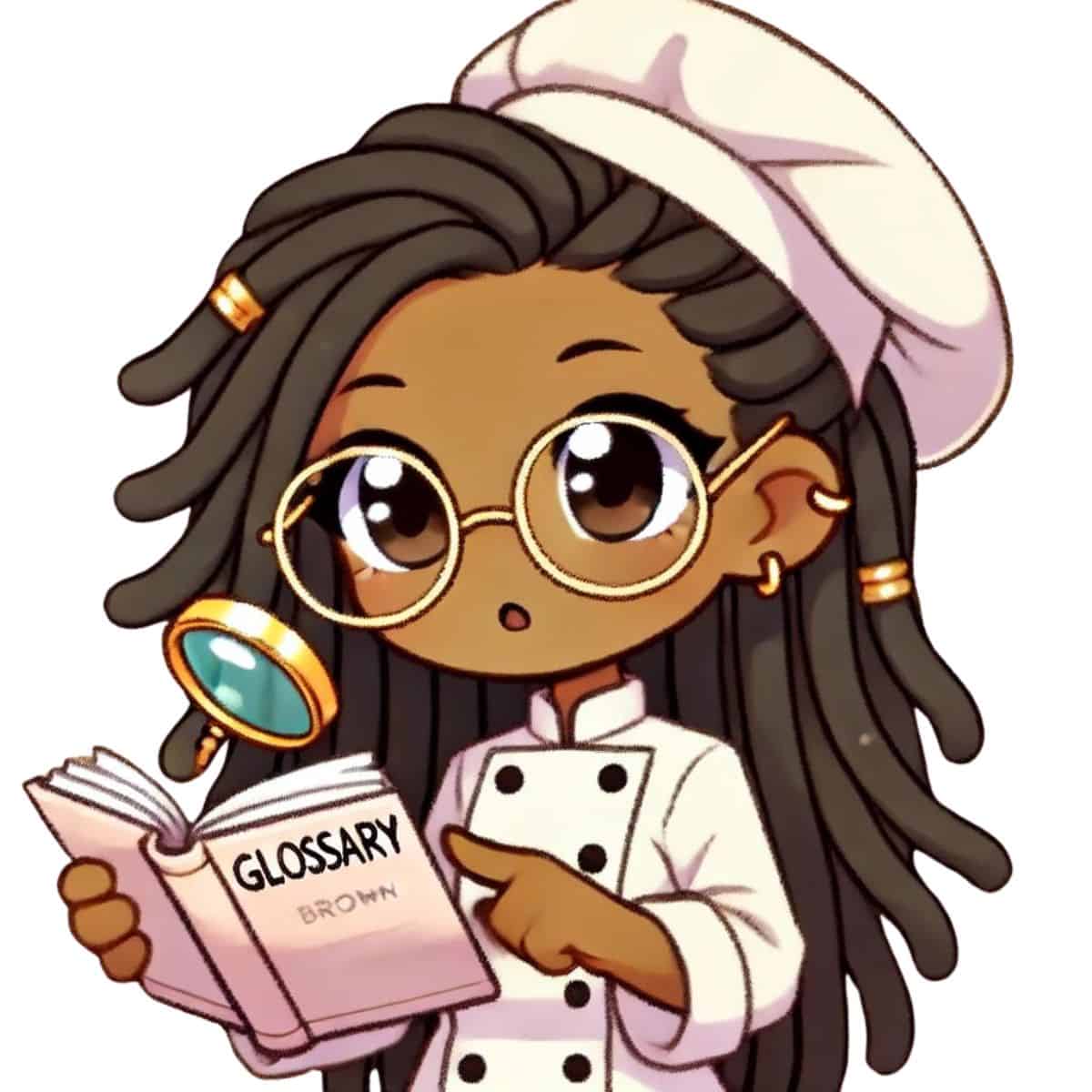 animated chef maika look at a glossary book with a floating magnifying glass.