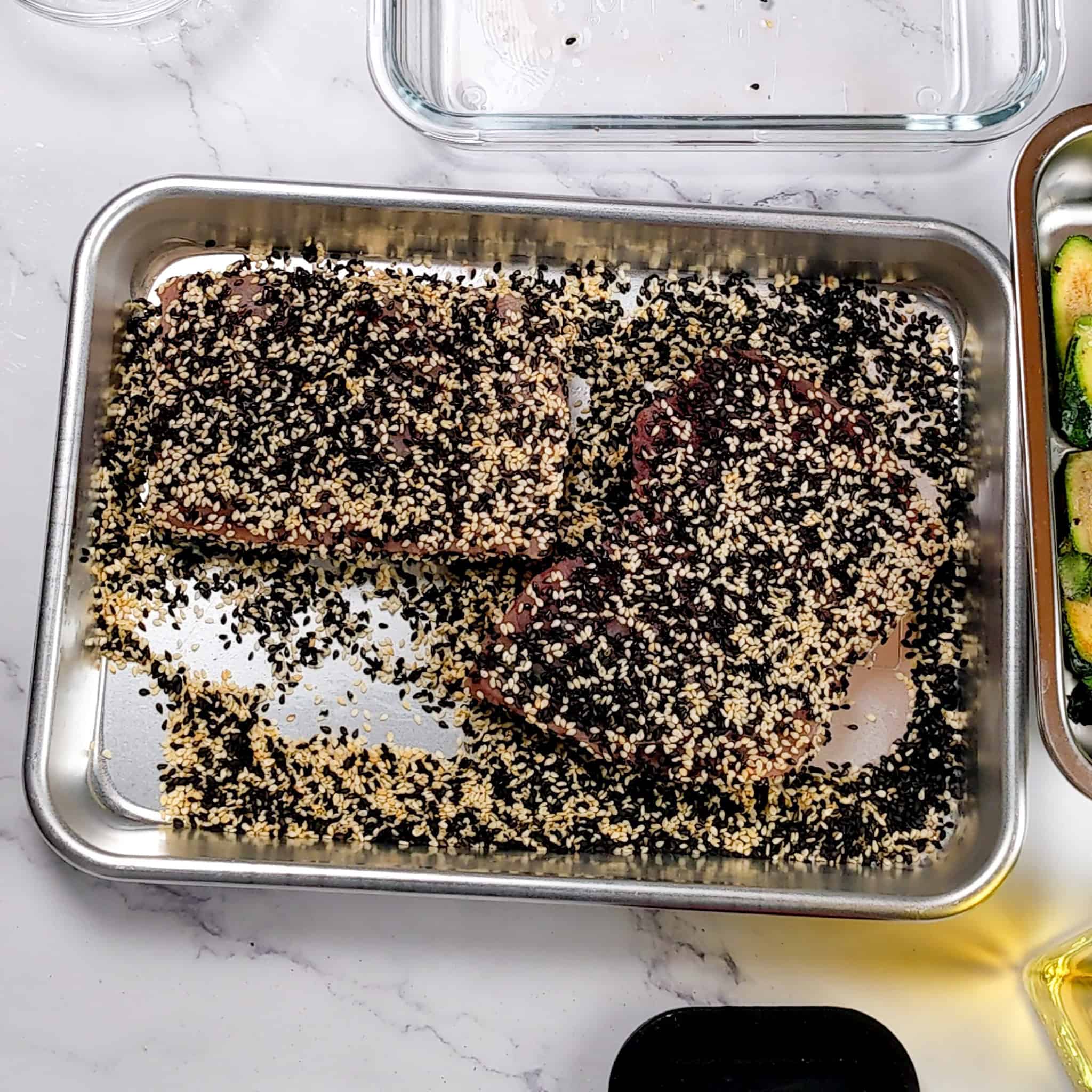 sesame-crusted ahi tuna on a mini sheet pan.