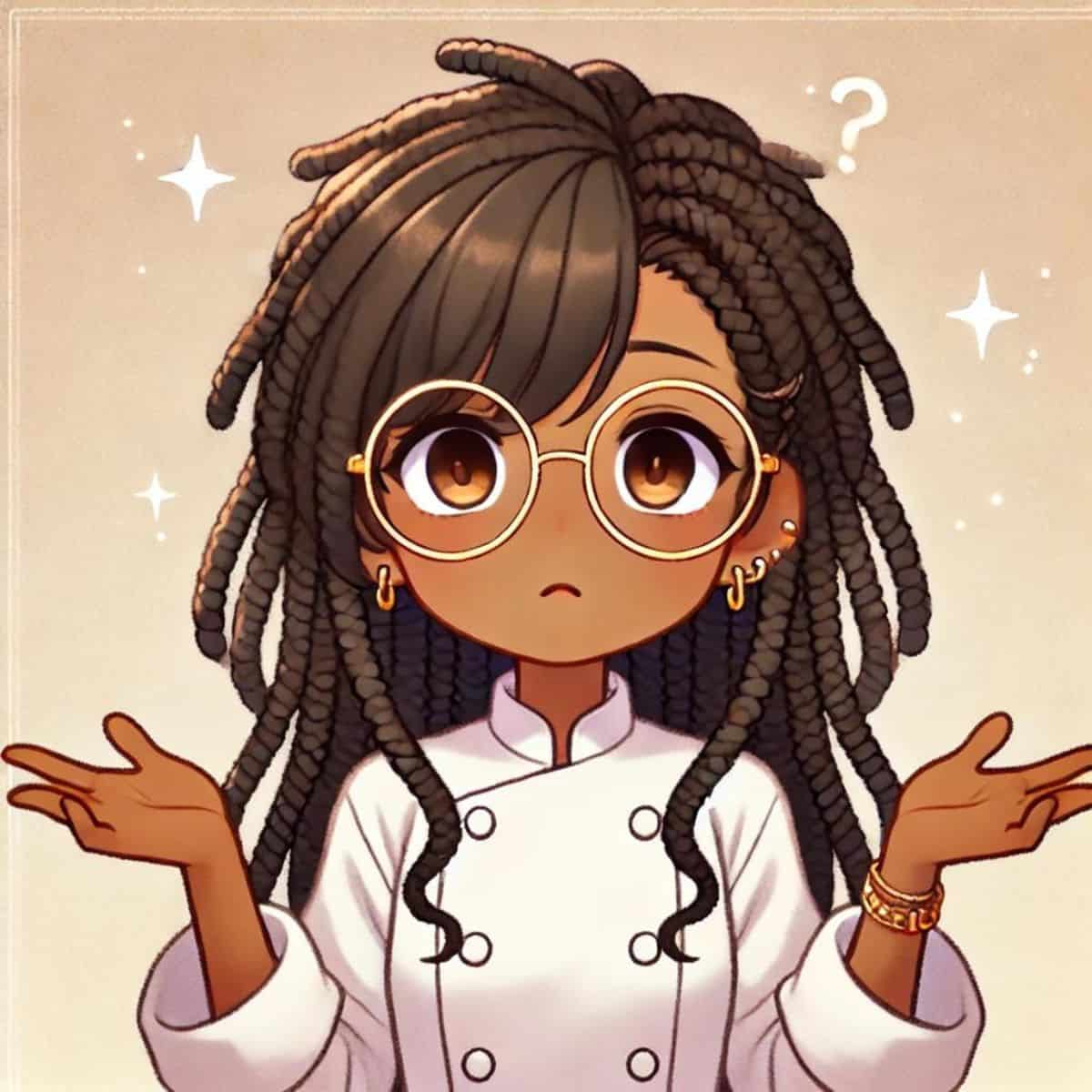 animated chef maika wondering why with her hands up shrugging.