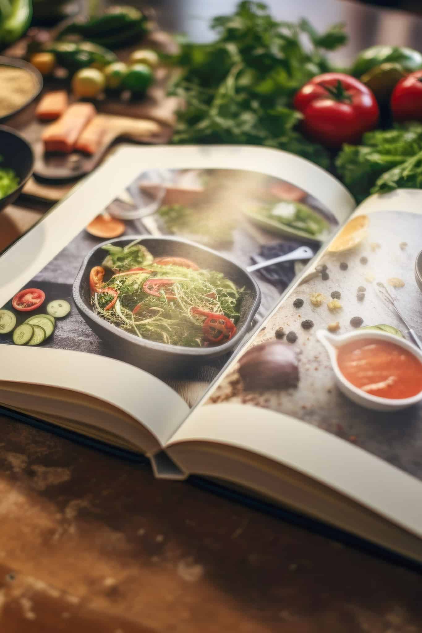 A cookbook open on a table surrounded by a variety of ingredients.