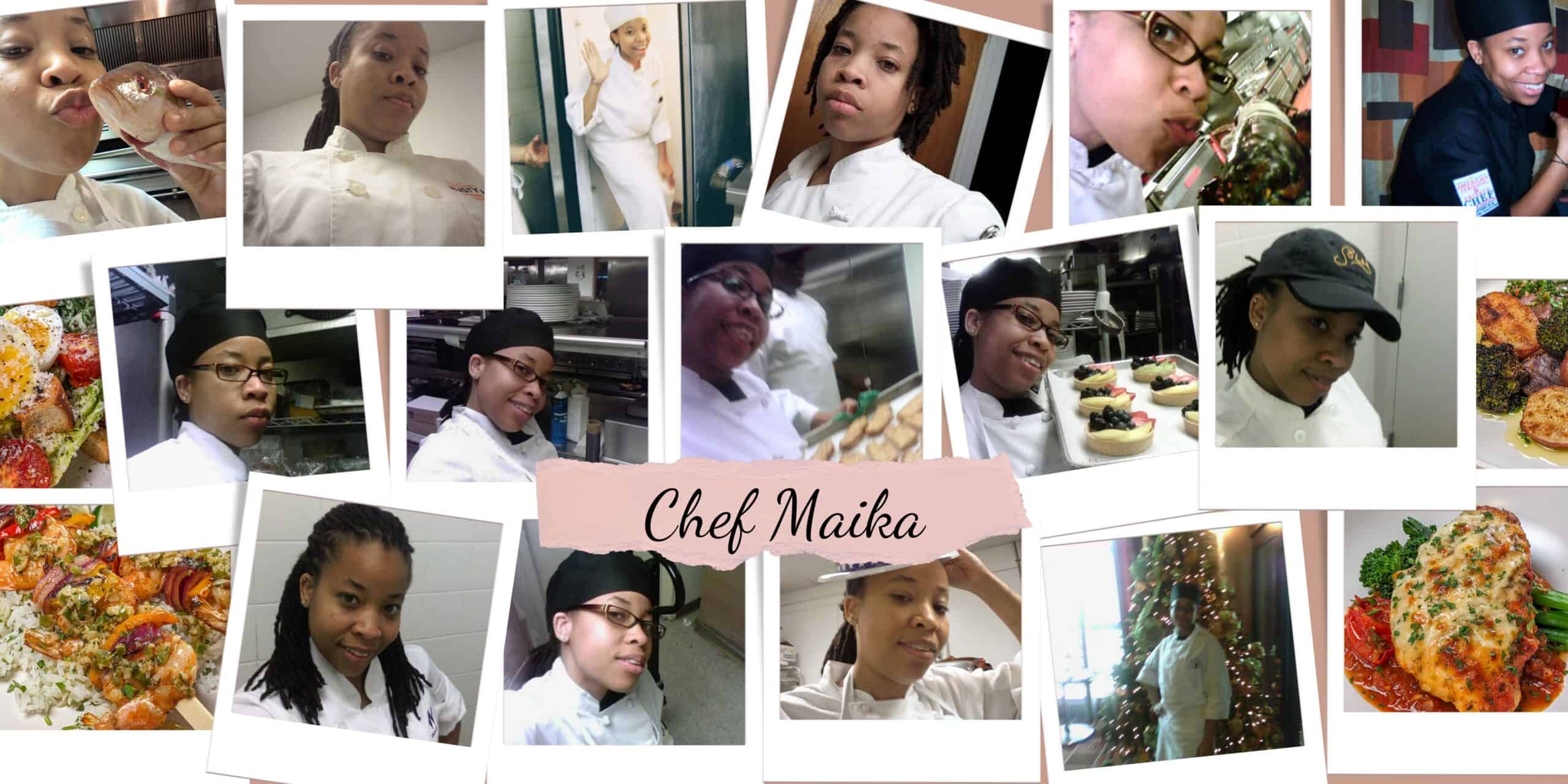 A polaroid collection of chef Maika in her chef uniform in different hotel and commercial kitchens.