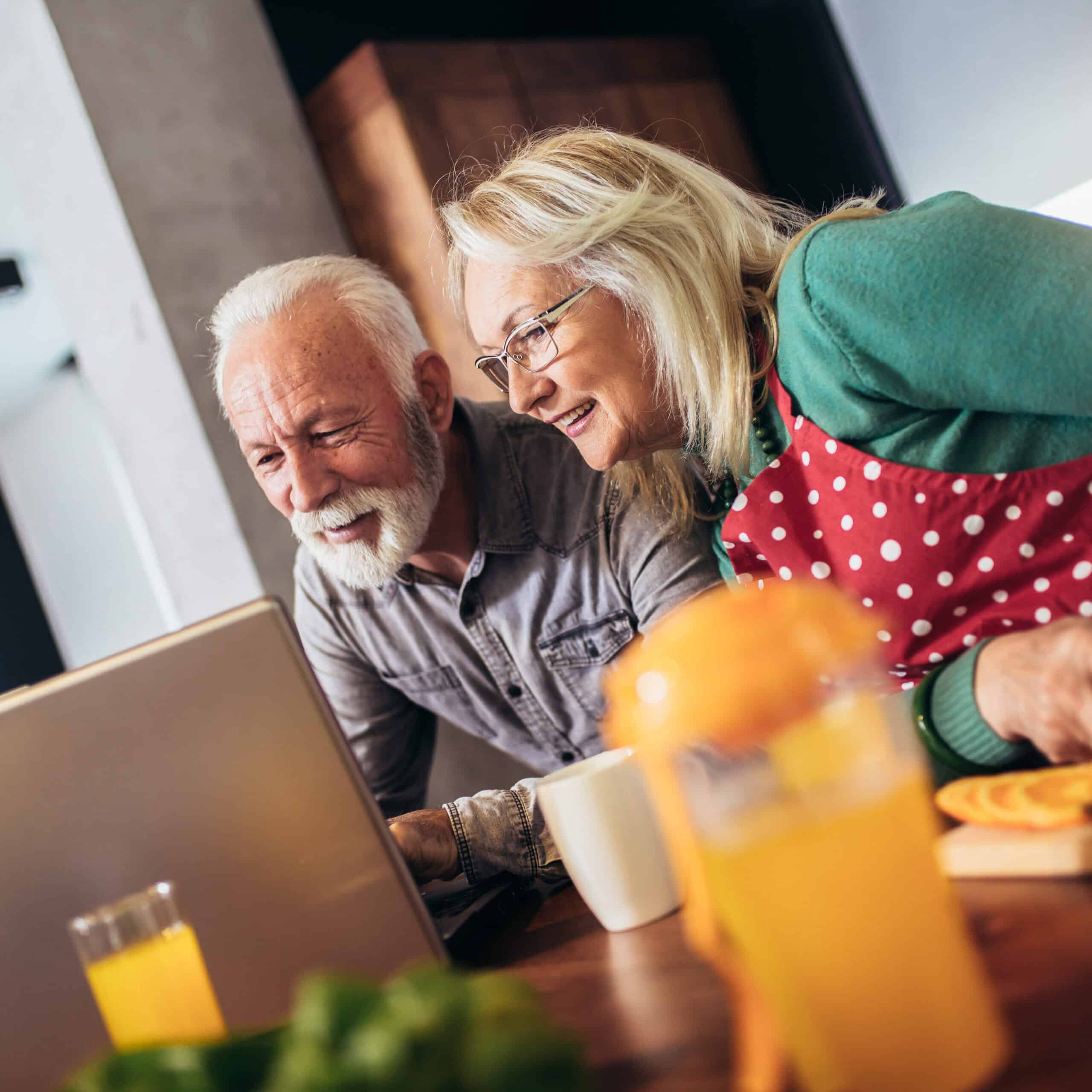 Happy retired couple browsing the internet together on a laptop computer.