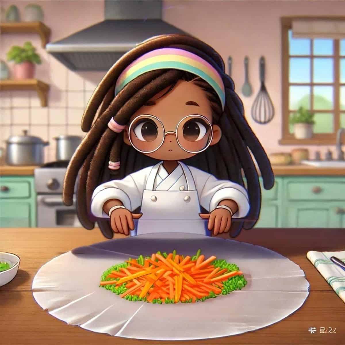 animated tiny chef maika in front of the laid out rice paper stacked with vegetables in the center on the kitchen counter.