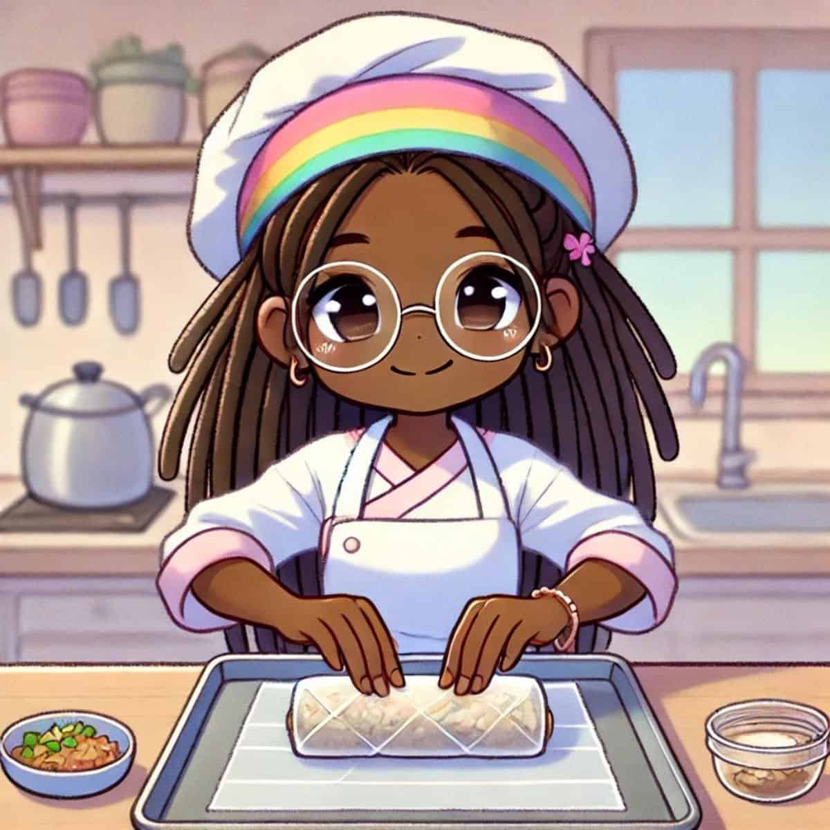 animated chef maika rolling the spring roll on a damp kitchen towel in a sheet pan on the kitchen counter.