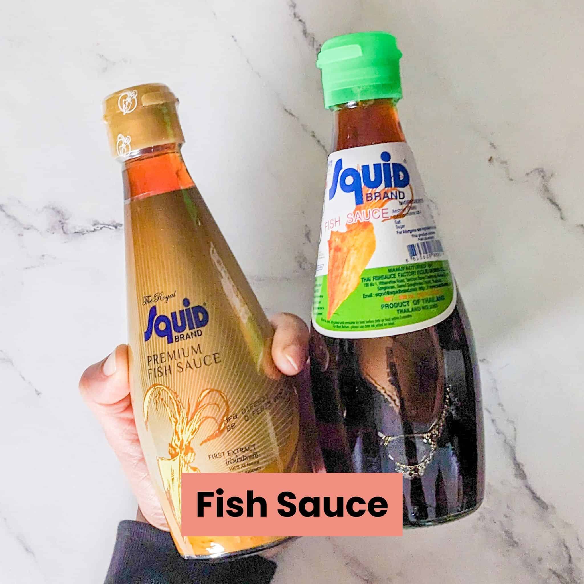 hand holding to of Squid Brand fish sauce product, on the left "Squid Brand Premium Fish Sauce" and on the right "Squid Brand Fish Sauce" the original.