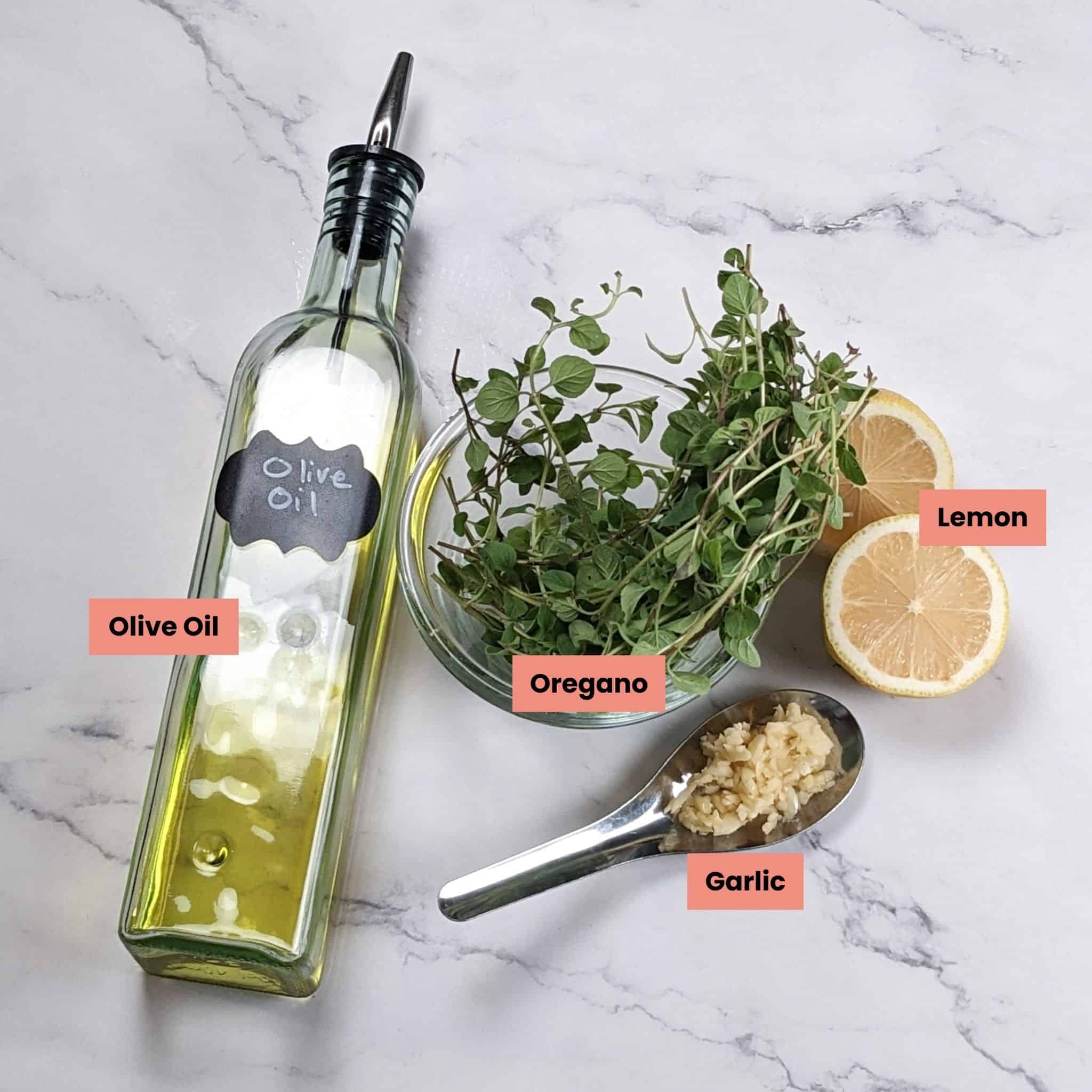 ingredients for the lemon oregano vinaigrette in spread out and labeled.