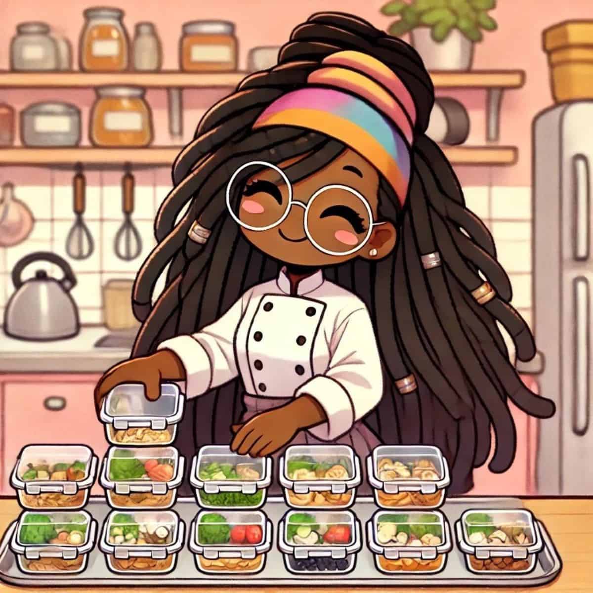 animated chef maika stacking filled meal prep containers on the kitchen counter.