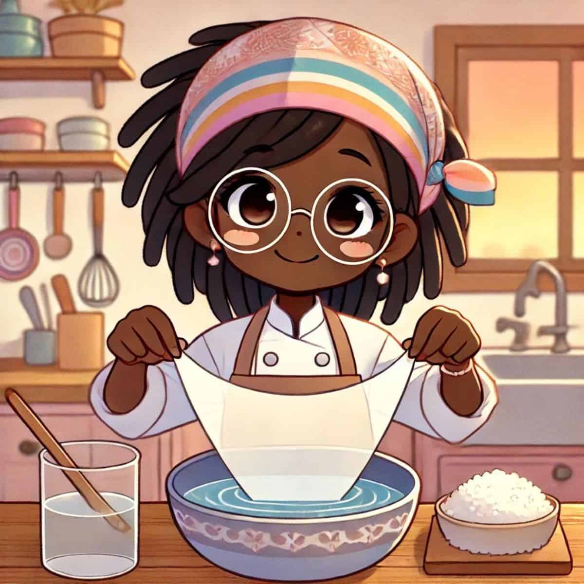 animated chef maika dipping rice paper in a bowl of water.