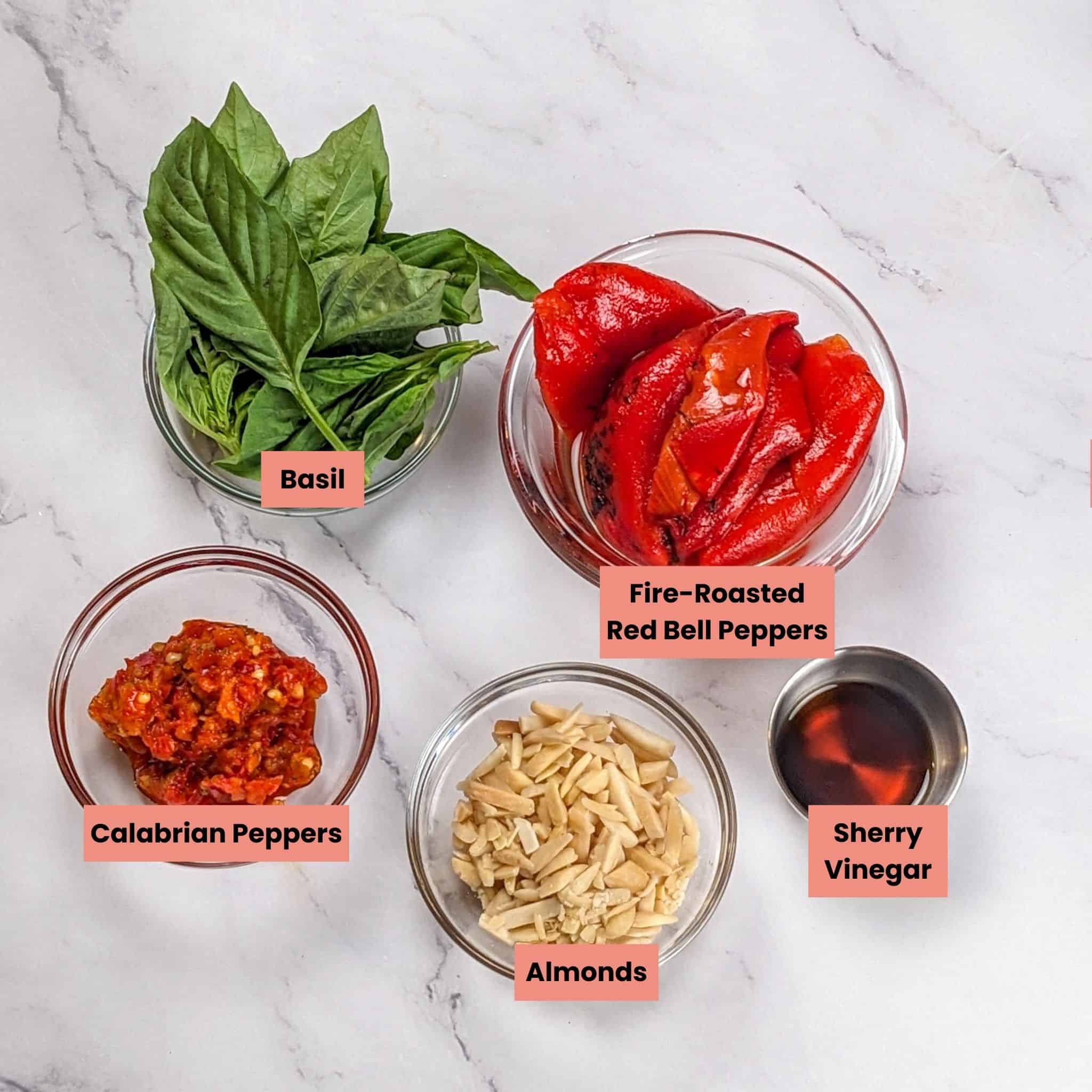 ingredients for the Spicy quick Basil Romesco Sauce in dishes.