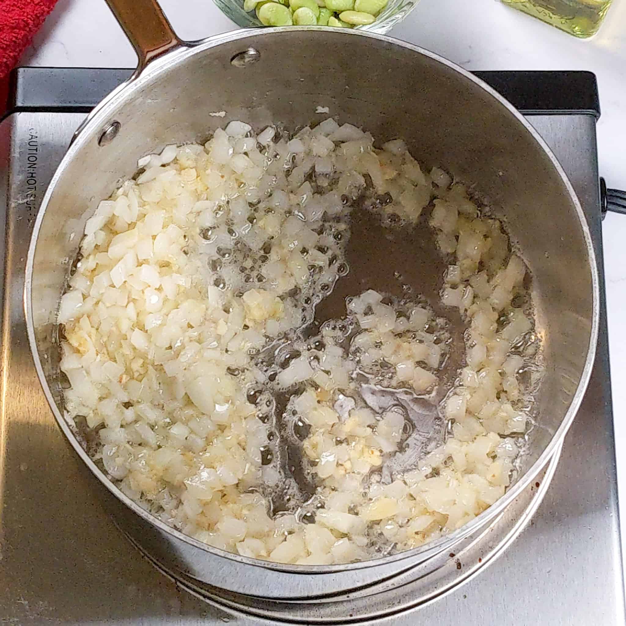 Chopped onion and garlic are sauteed in the sauce pot.