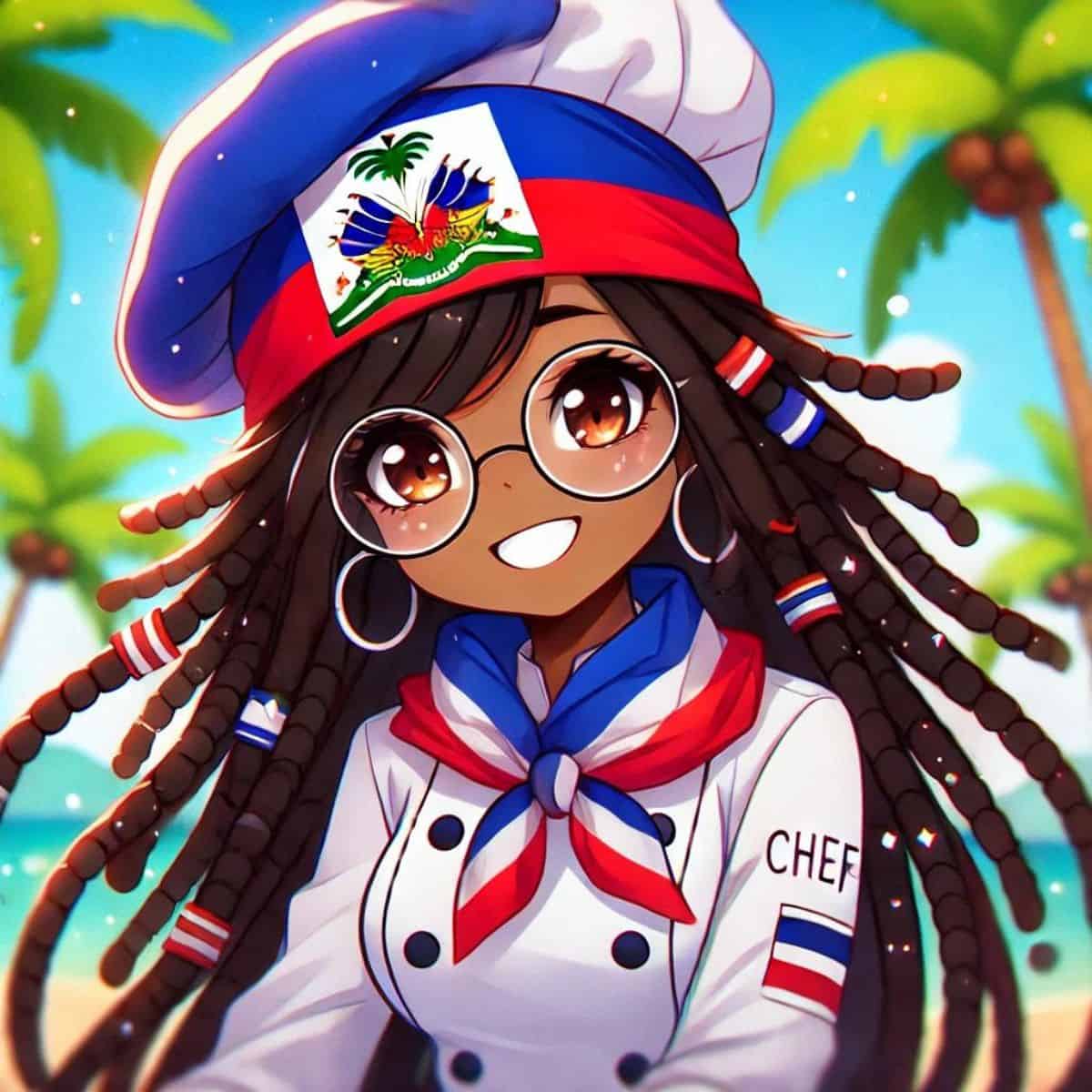 animated chef maika in chef attire with a Haitian flag bandana with palm trees in the background.