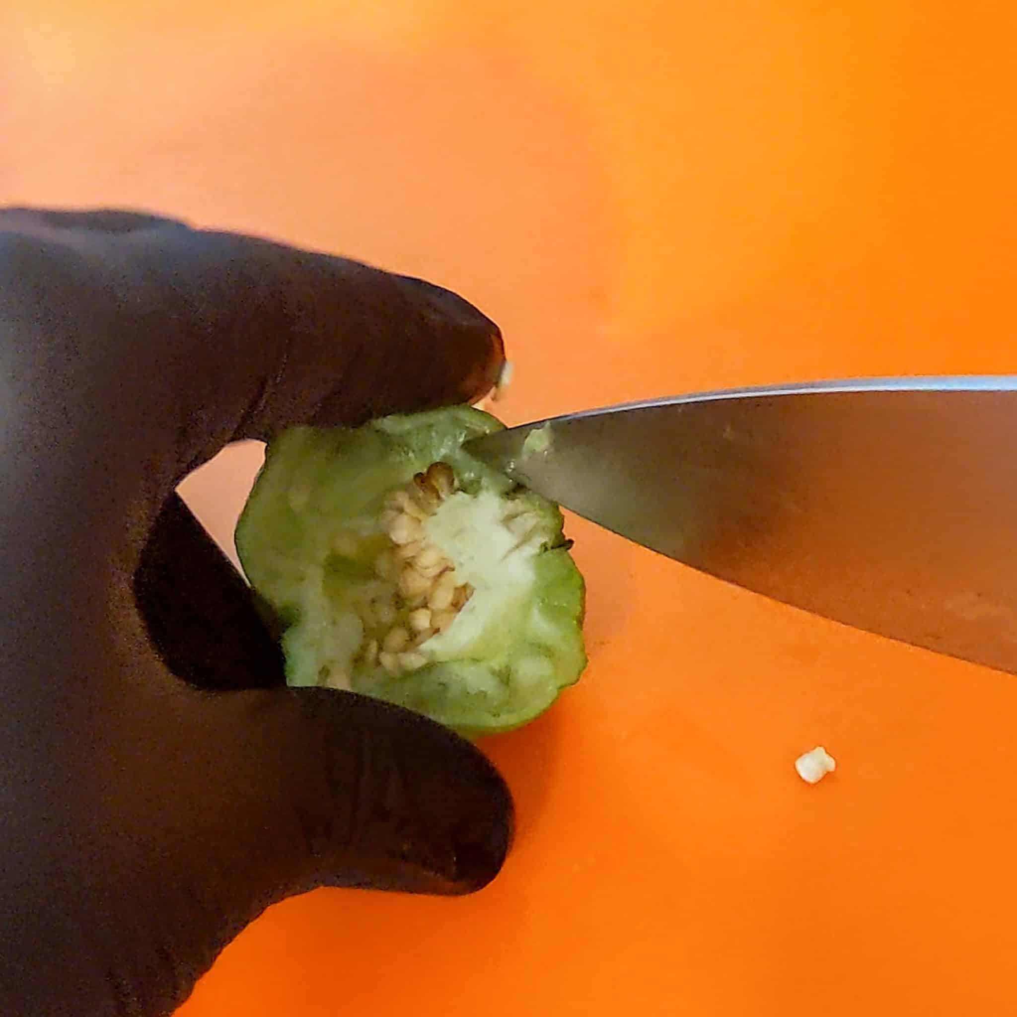 Sharp knife tip removing the pith and seeds of the halved Scotch bonnet pepper.