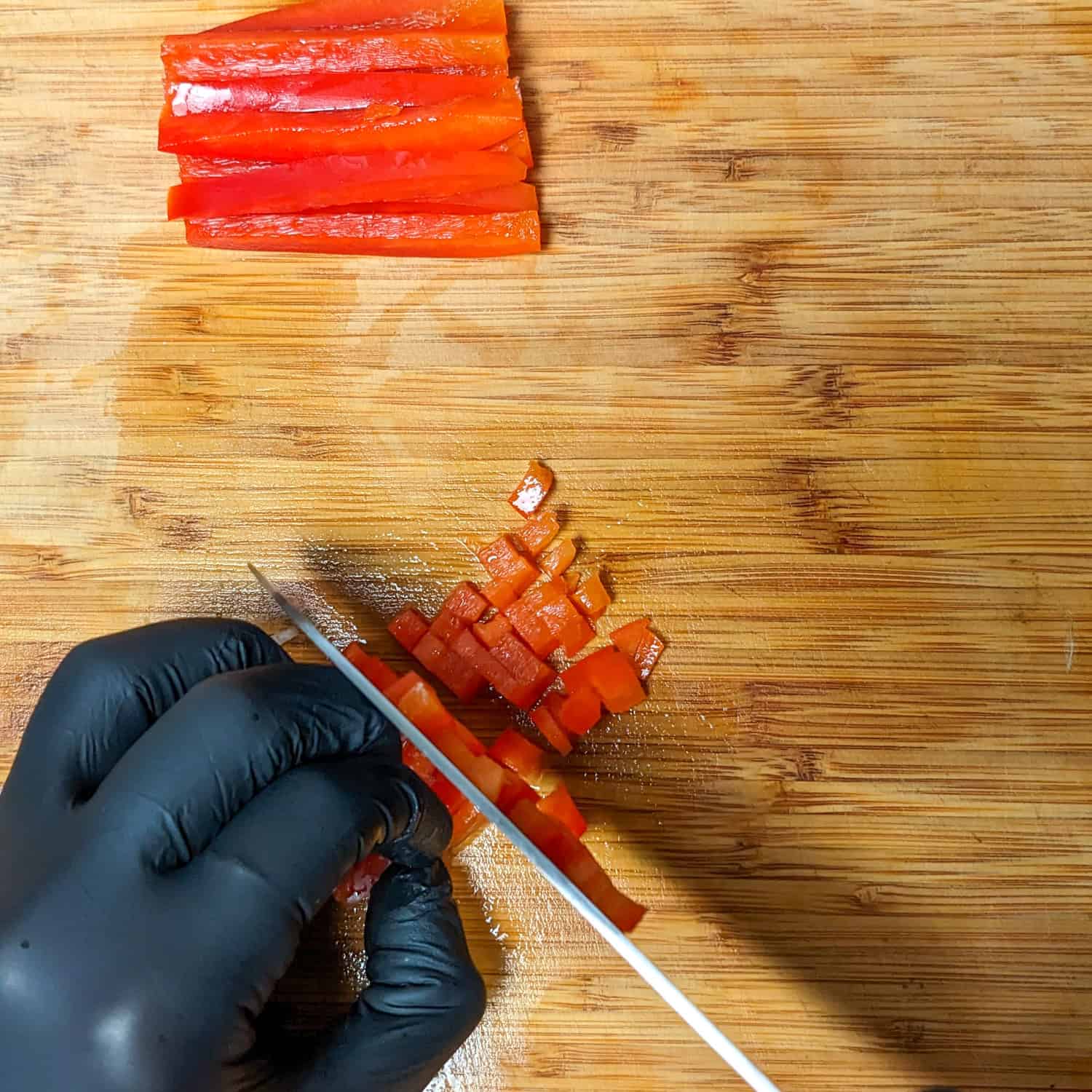 nice dicing the bell peppers.