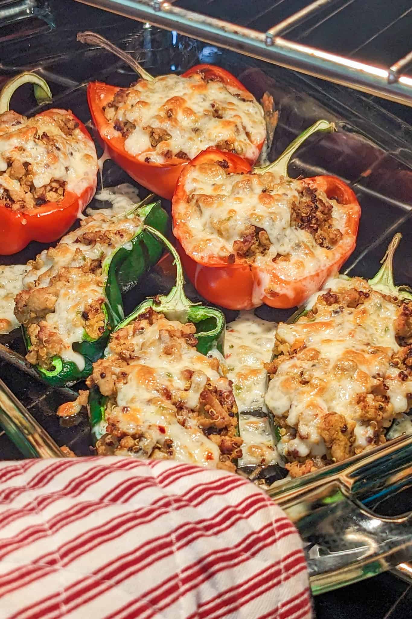 Baked stuffed peppers taken out of the oven.