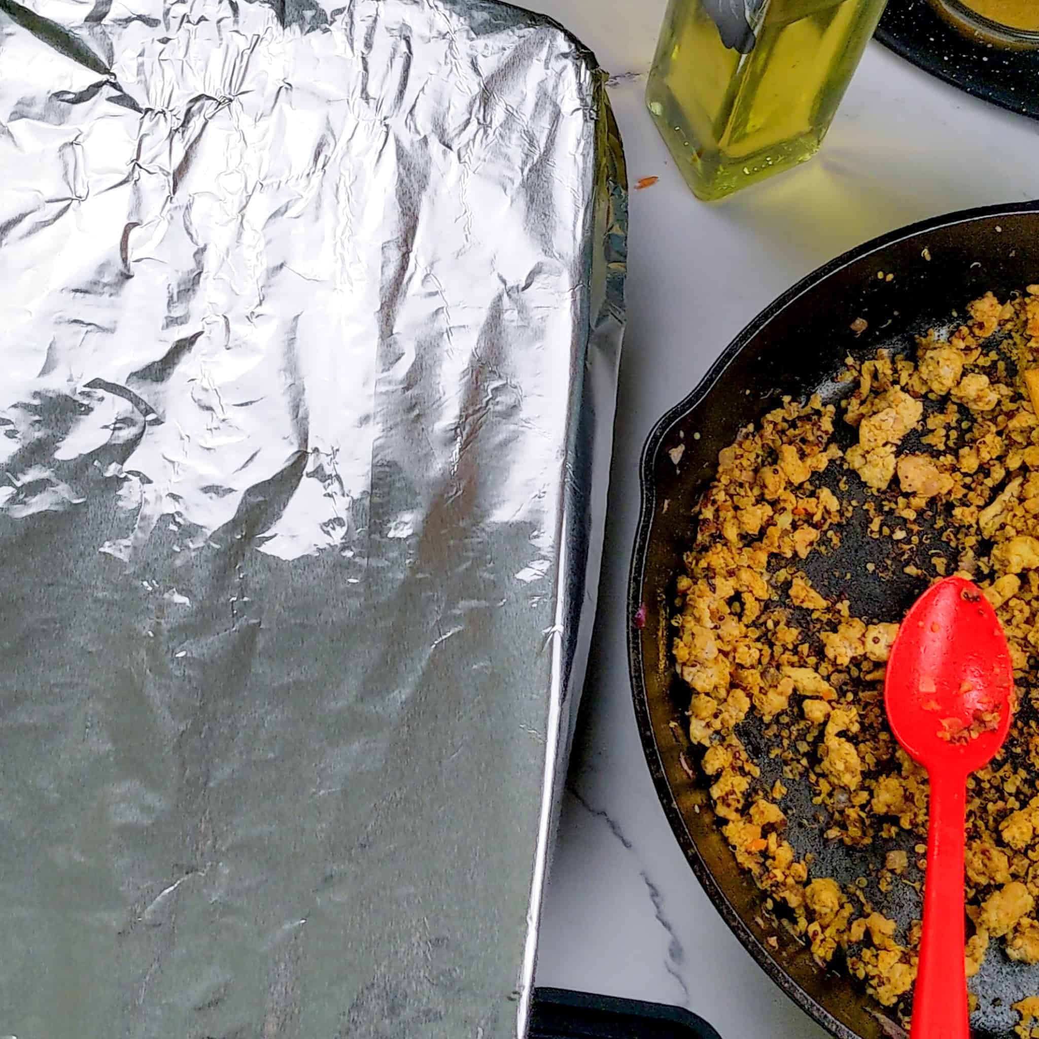 Foil is placed on the baking dish