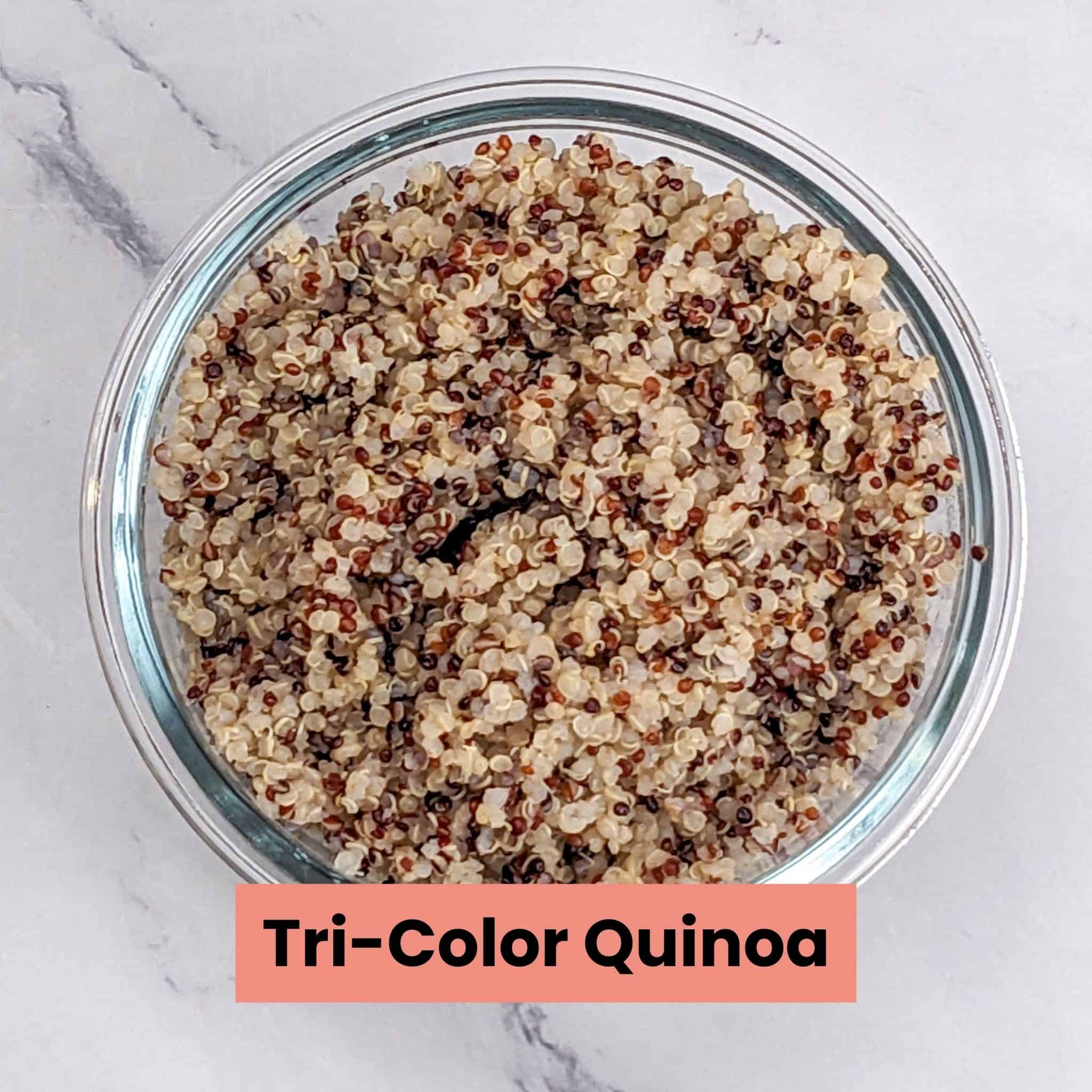 Cooked quinoa in a deep glass round dish.