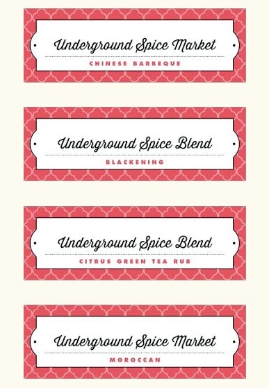 four old underground spice market labels with spice names in order: chinese barbeque, blackening, citrus green tea rub and moroccan.