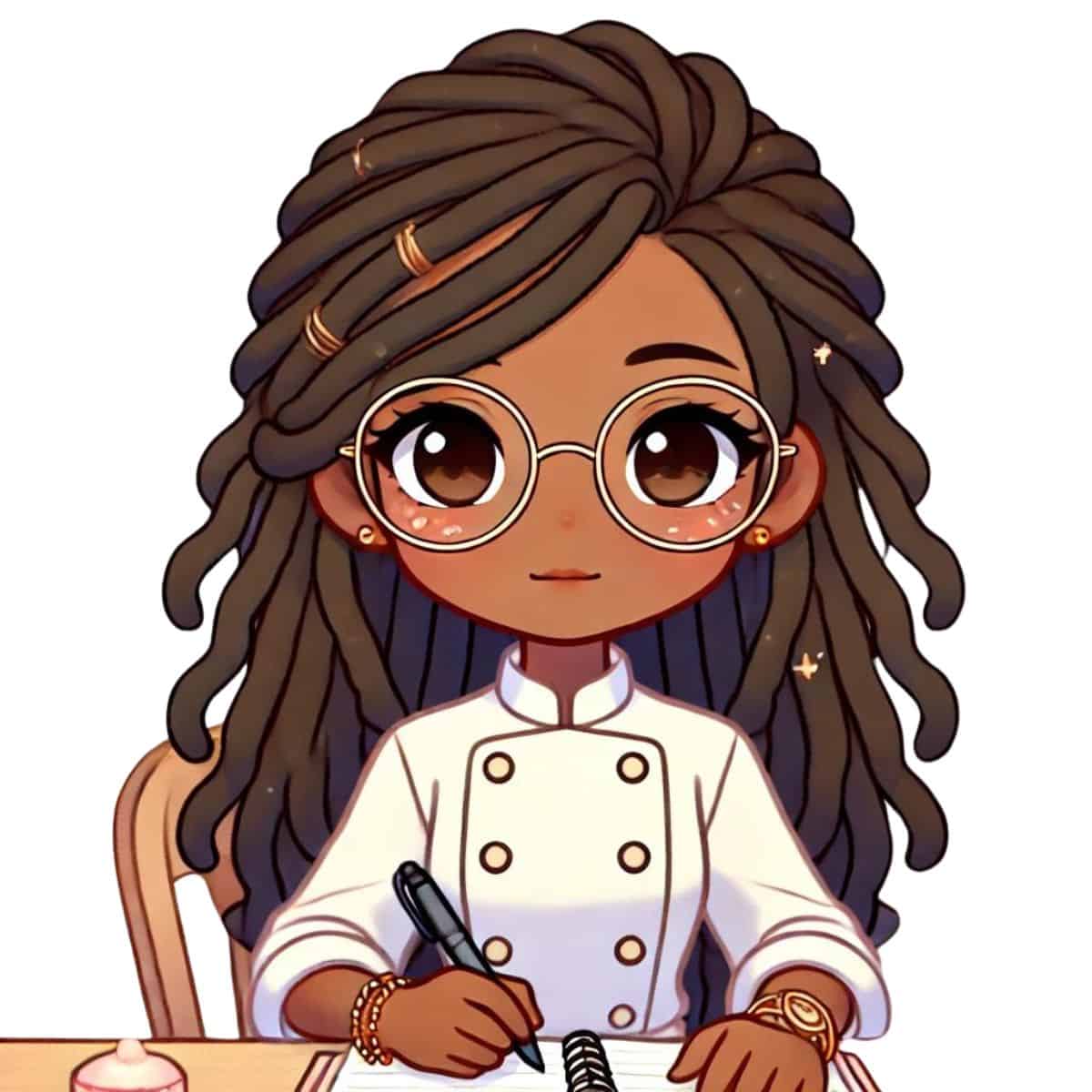 animated chef maika writing in a notebook.