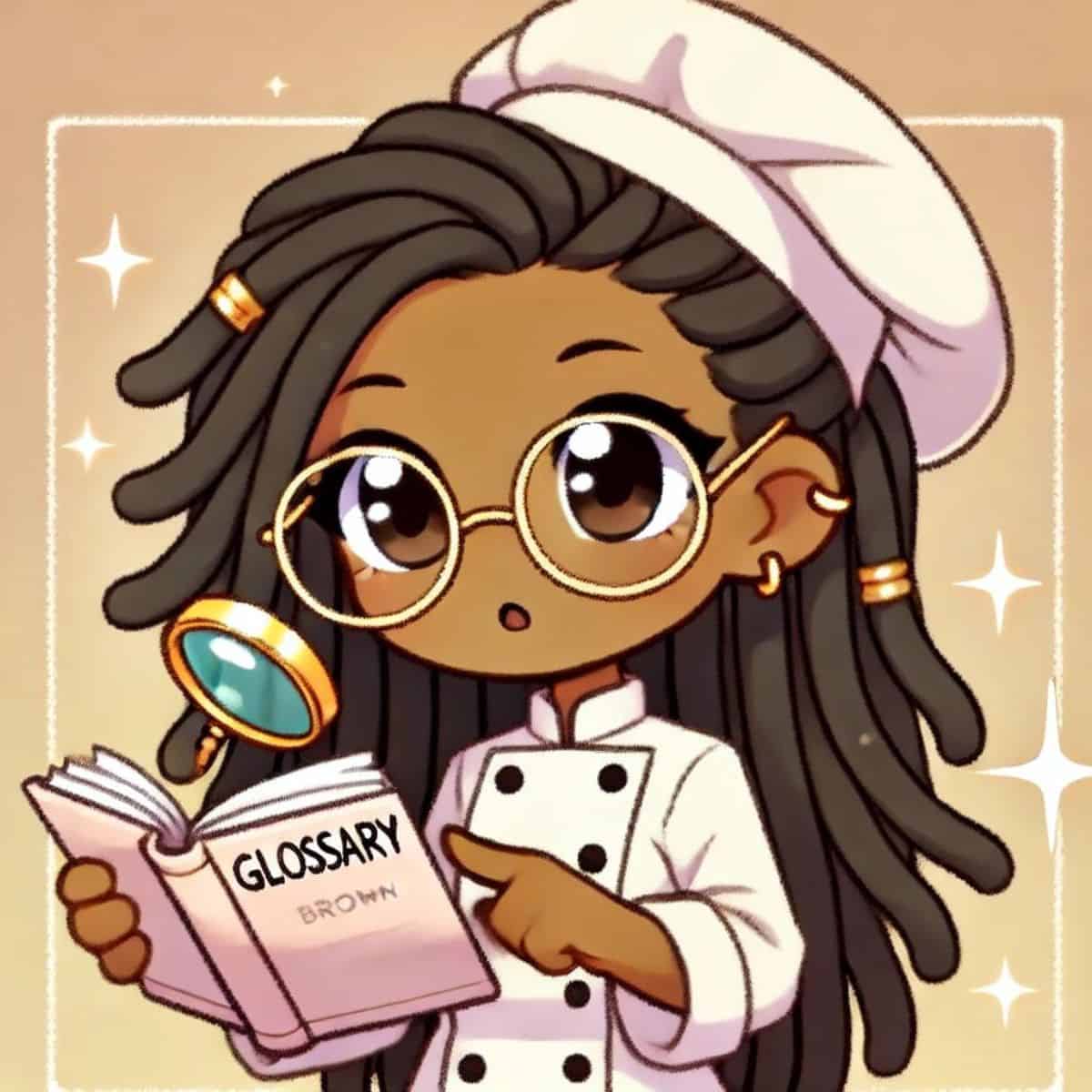 animated chef maika looking in a glossary book with a floating magnifying glass.