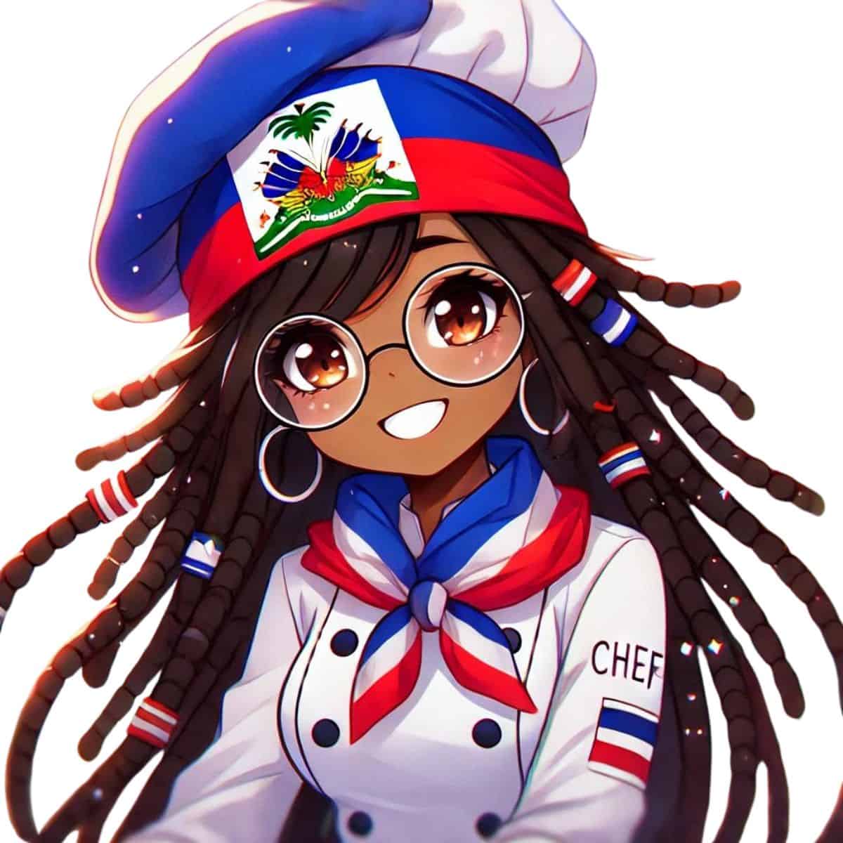 Animated Chef Maika sporting a Haitian flag decorated chef hat and chef uniform.