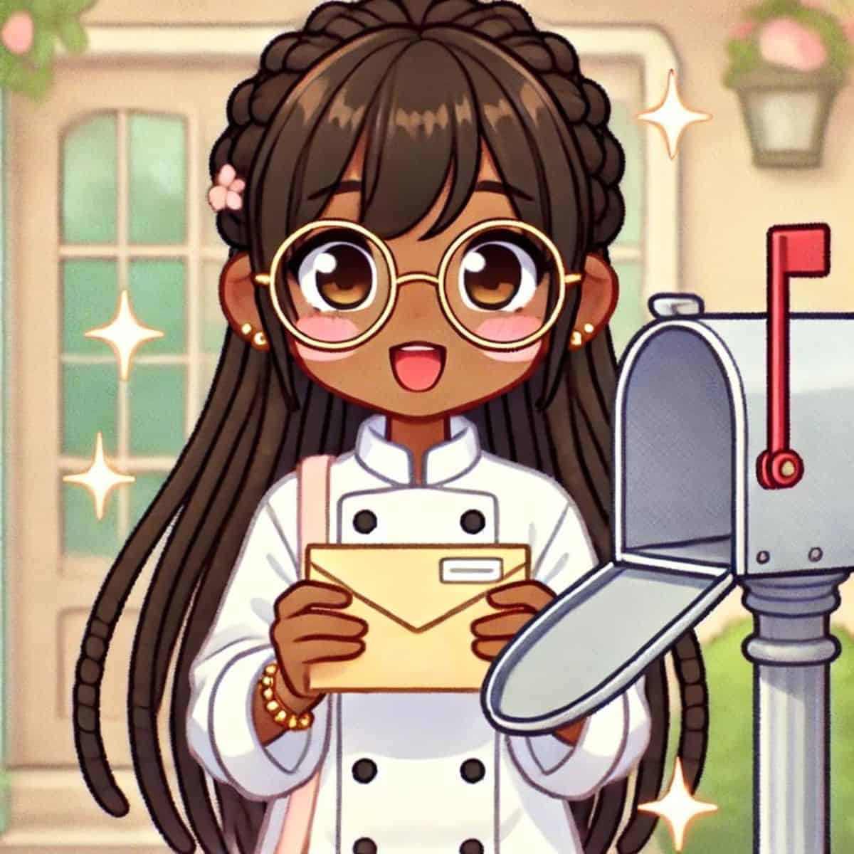 animated chef maika excited about receiving mail in her mailbox.