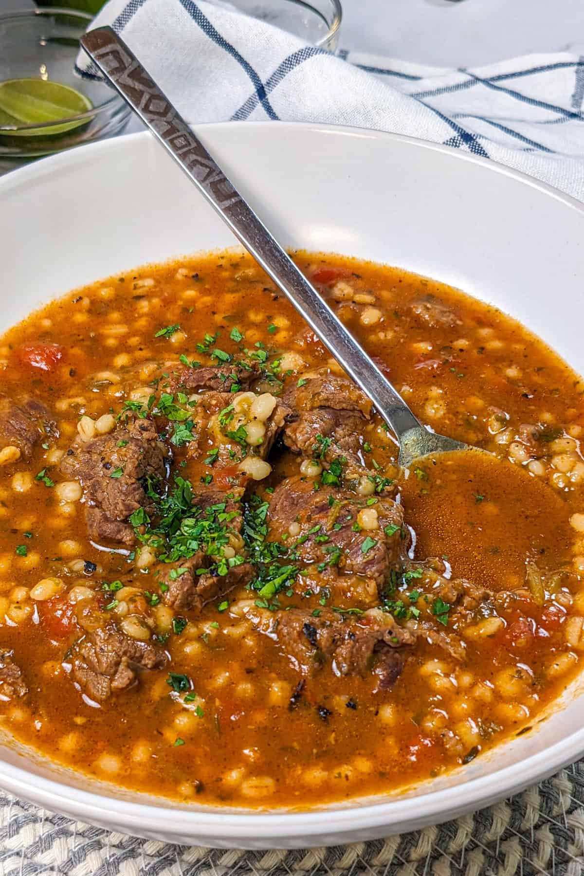 Hearty spicy beef barley stew with vegetables in a steaming bowl, garnished with fresh herbs.