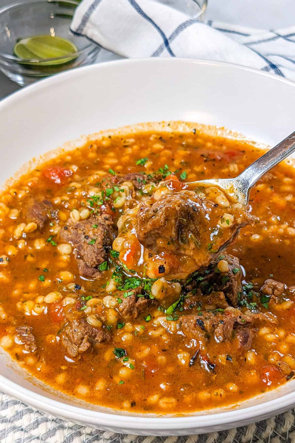 Hearty spicy beef barley stew with vibrant ingredients served in a warm bowl.