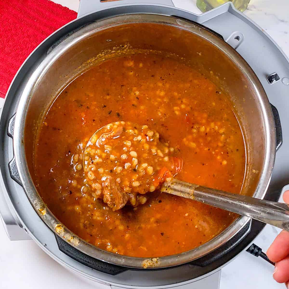 Hearty Spicy Beef Barley Stew steaming in an Instant Pot, ready to serve.