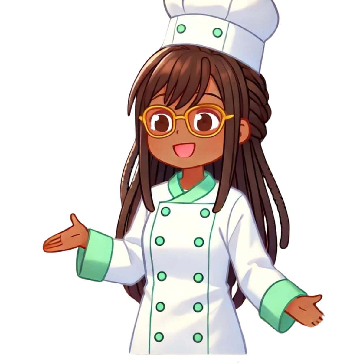 animated chef maika in full chef uniform and hat.