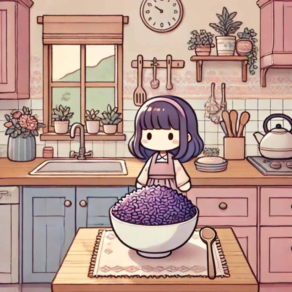 cartoon image a bowl of purple rice in the kitchen.