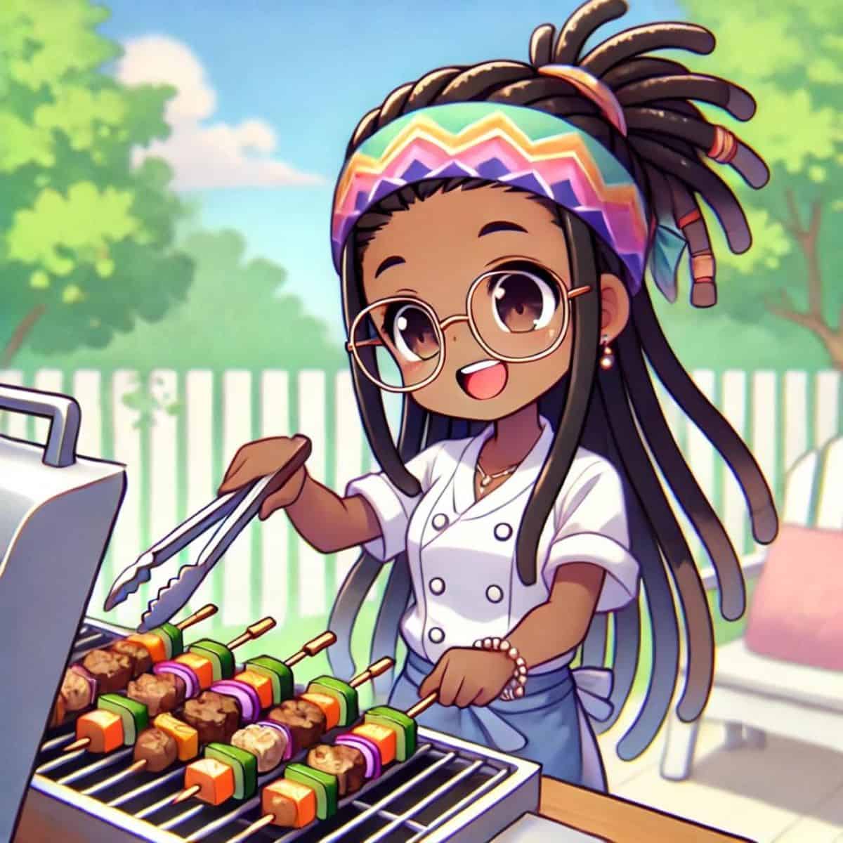 animated chef maika cooking on the grill in the backyard.