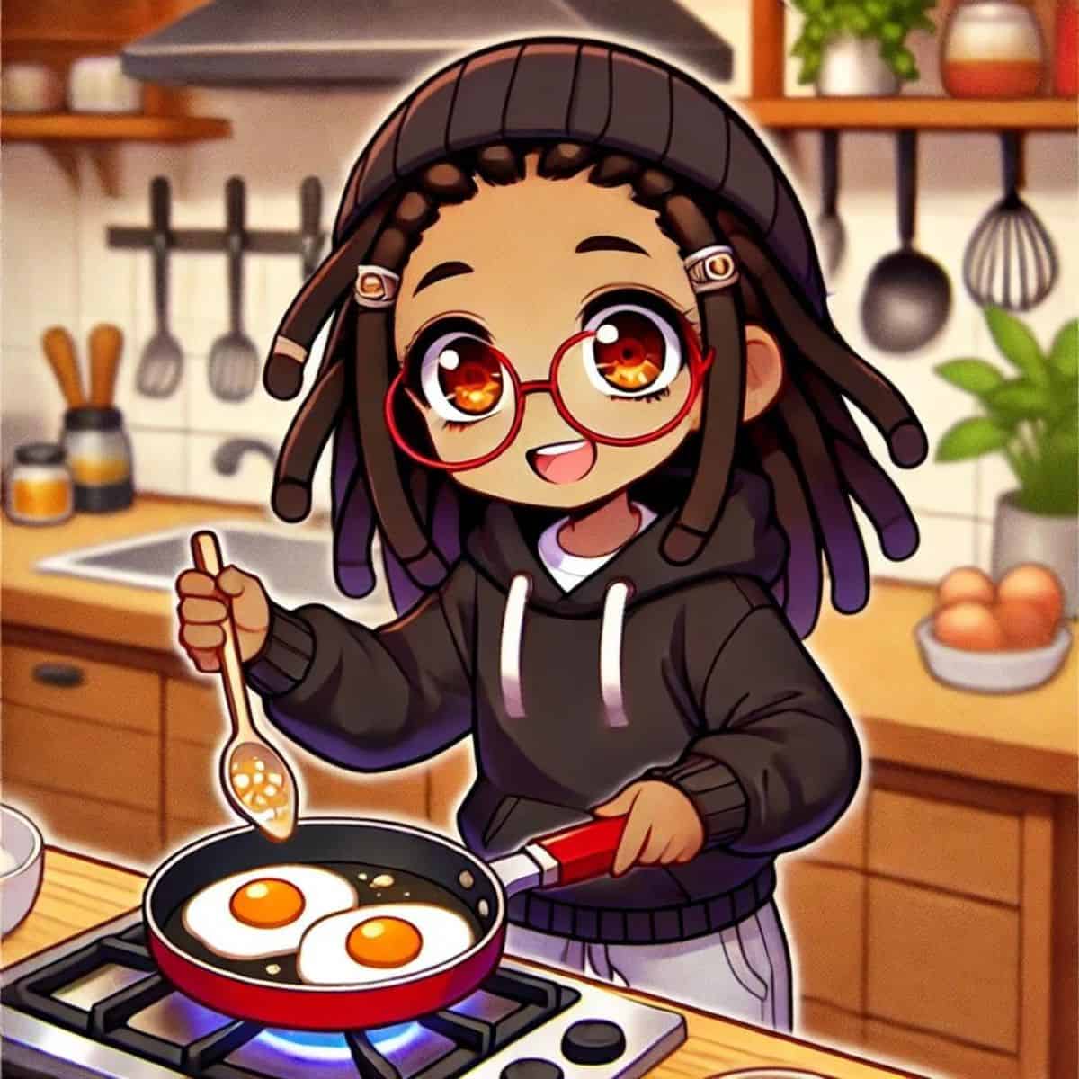 Cheerful Chef Maika cooks sunny-side-up eggs in a cozy kitchen, showcasing home cooking joy.