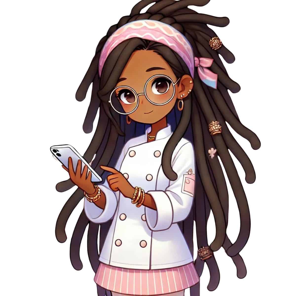 animated Joyful chef maika with dreadlocks and smartphone, showcasing modern culinary attire.