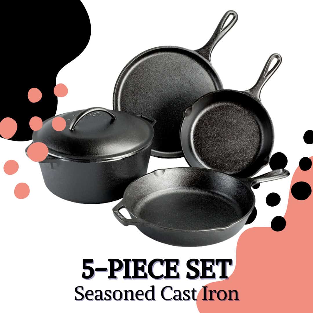 Elegant 5-piece seasoned cast iron cookware set, perfect for versatile culinary creations.