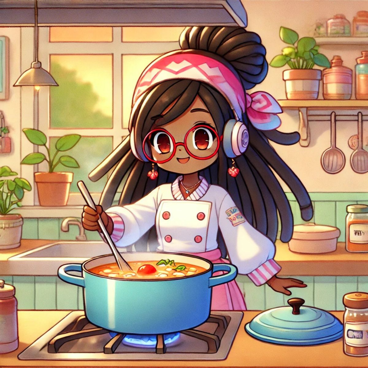 animated chef maika in the kitchen cooing a chowder in a blue pot in a cute anime style kitchen with headphones on.