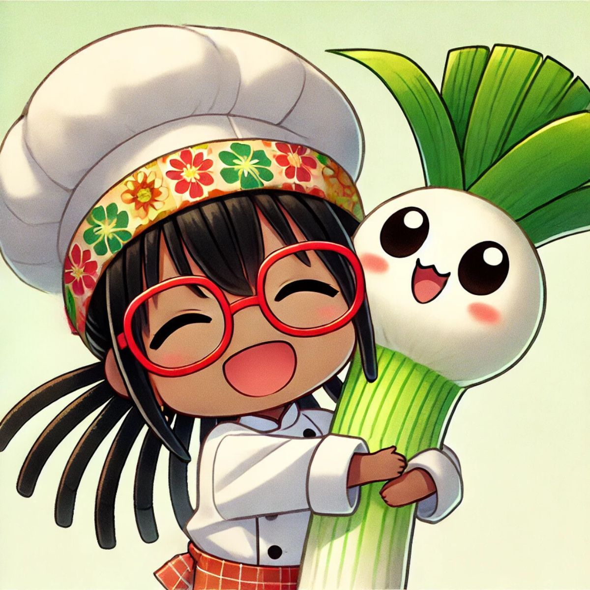 animated chef maika hugging a cute animated leek that's smiling.