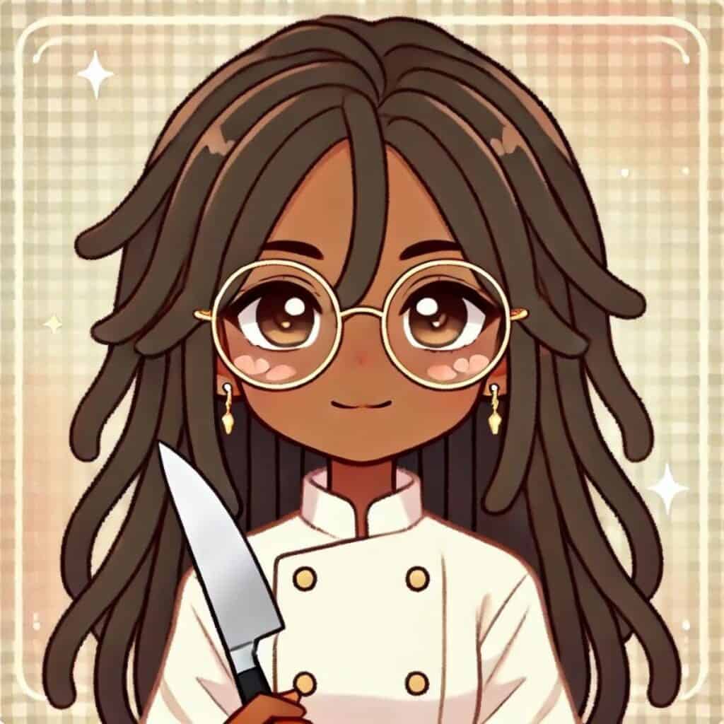 animated chef maika holding a knife.